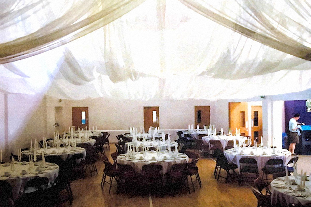 the hall prepared for a wedding reception
