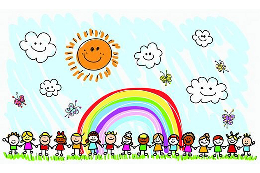 Childs drawing of children stading in a line ahand in hand under a rainbow